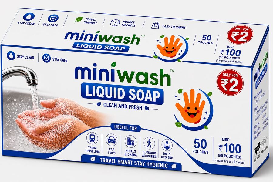 MINIWASH Liquid Soap carton box showing 50 pouches, wordmark and useful-for icons