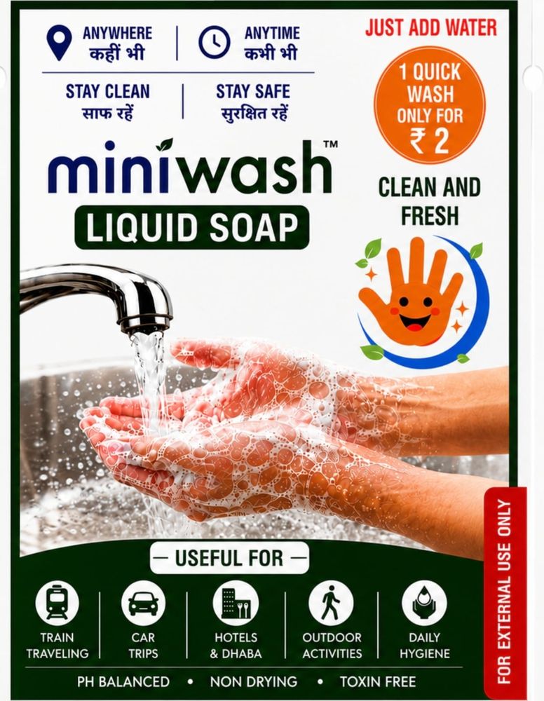 MINIWASH Liquid Soap sachet packaging showing hand-washing under running water